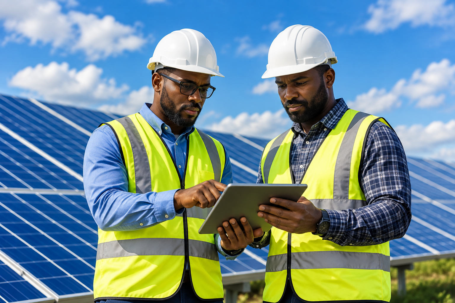 Engineers reviewing energy system information on a tablet