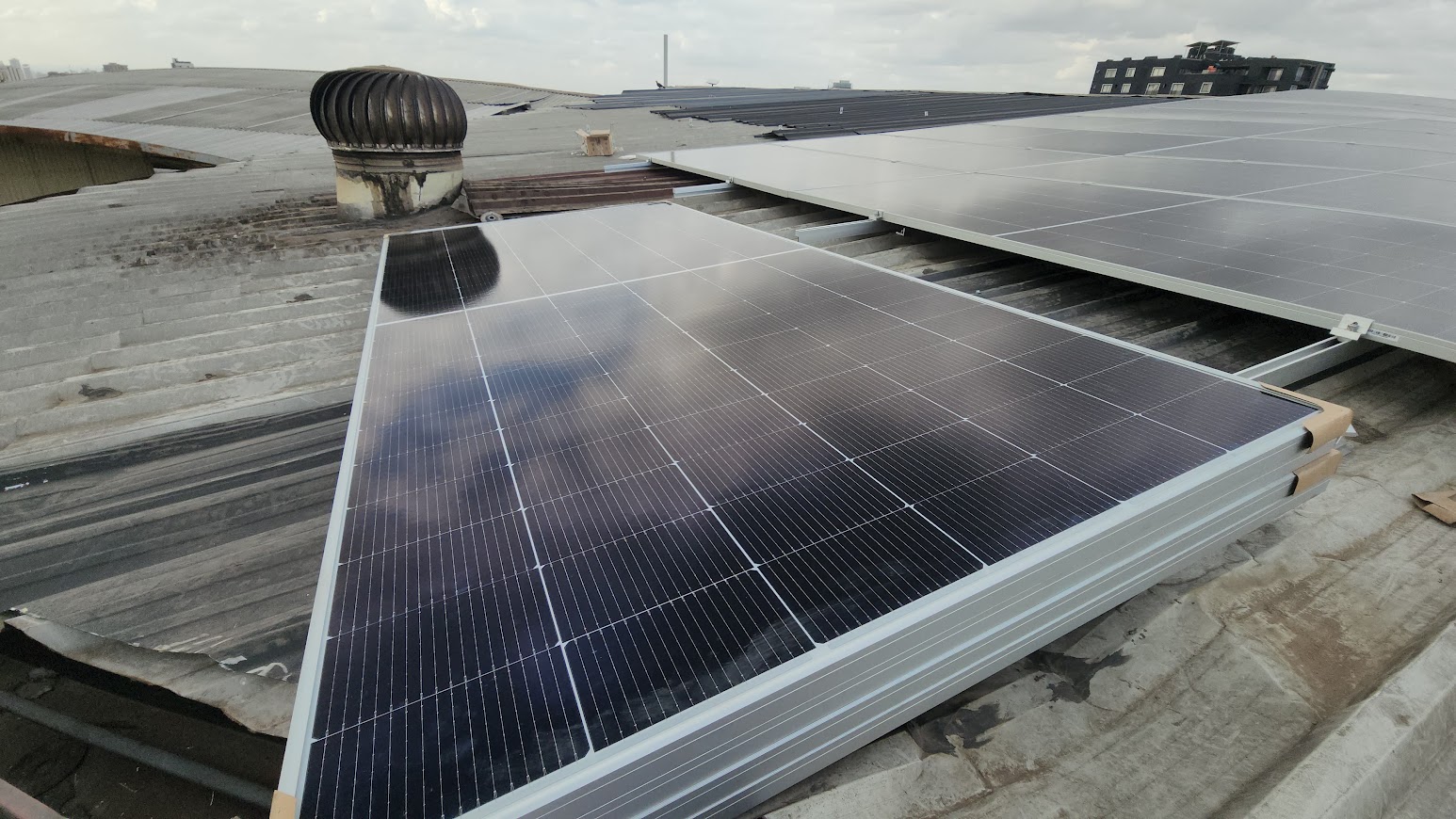 Solar panels across a commercial rooftop